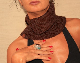 Hand Knit Tube Scarf, Knit Scarf, Knit Snood Scarf, Wool Scarf, Neck Warmer, Brown Cowl Scarf, Pure Wool-Leather, Winter Accessories