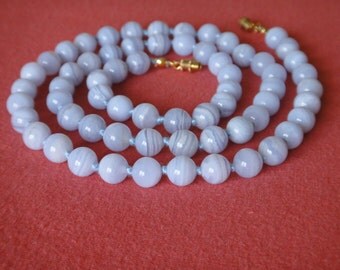 Blue Lace Agate Necklace. Genuine Stone. 8mm Round Beads. 25 inches long. Hand Knotted. Grade 'A' Therapeutic Necklace. MapenziGems