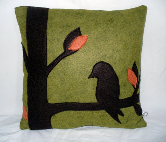 Green Wool Felt Pillow Modern Home Decor Bird Pillow Tree