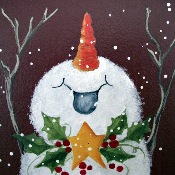 Joyful snowman handpainted Christmas art wall hanging