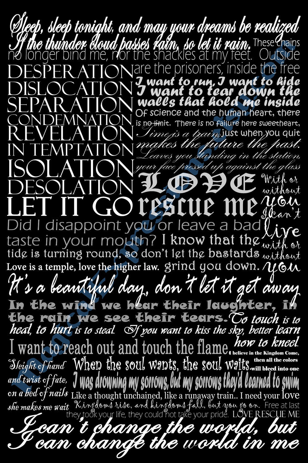 U2 Band Typography Song Lyric Art Print 11 by 14