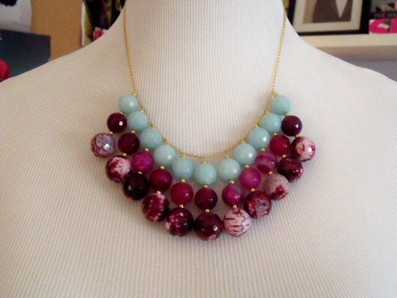 Aqua and pink agate beaded bib necklace by rachelmulherin on Etsy