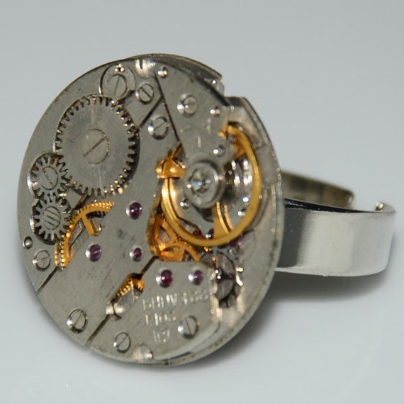 Items similar to Steampunk Watch Movement Ring Silver Adjustable Ring Band on Etsy