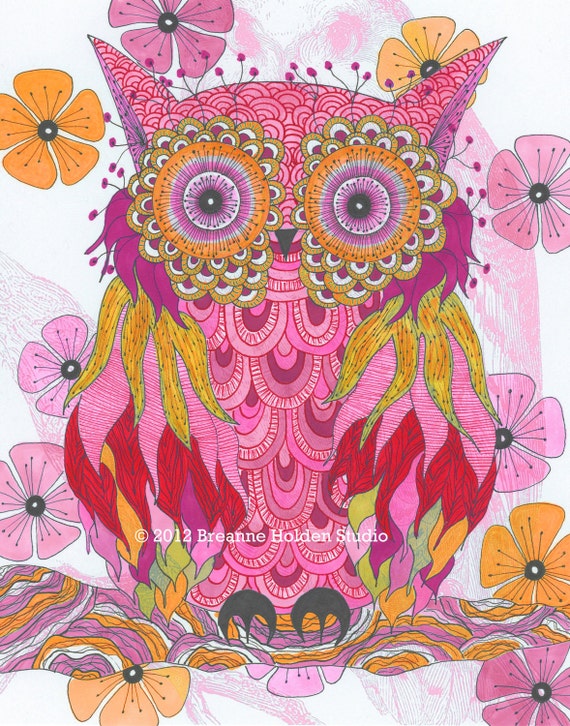 Items similar to Whimsical Owl Painting Archival Print 8 X 10 