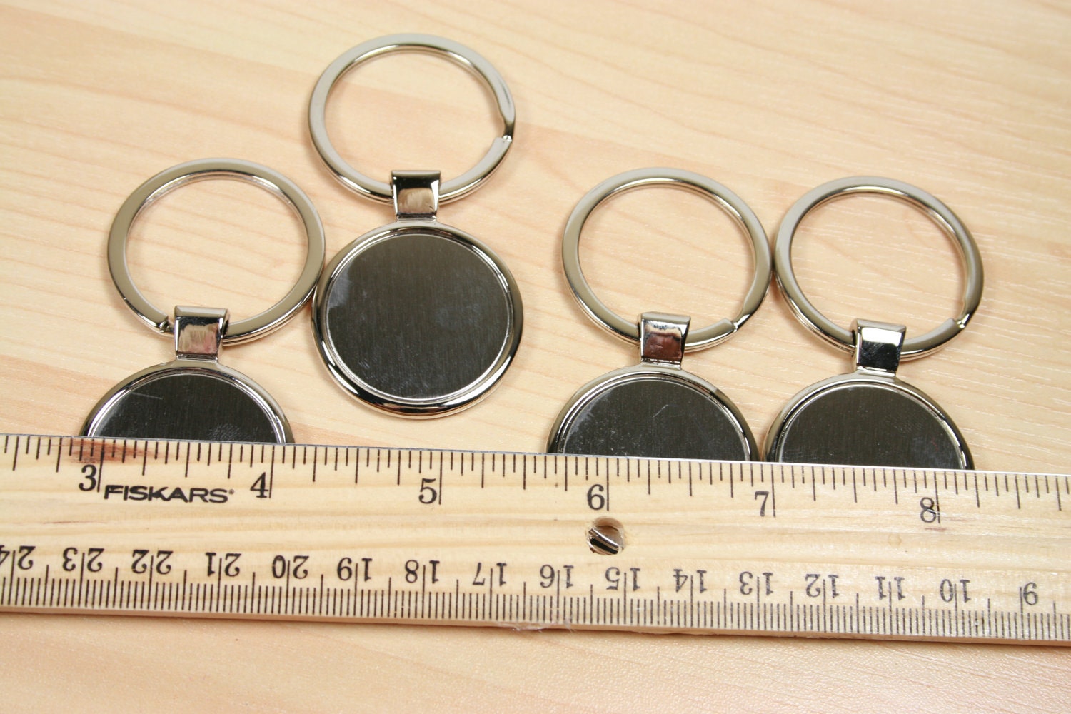 4 Blank 30mm Key Chain Blanks Round Shiny Silver Plated