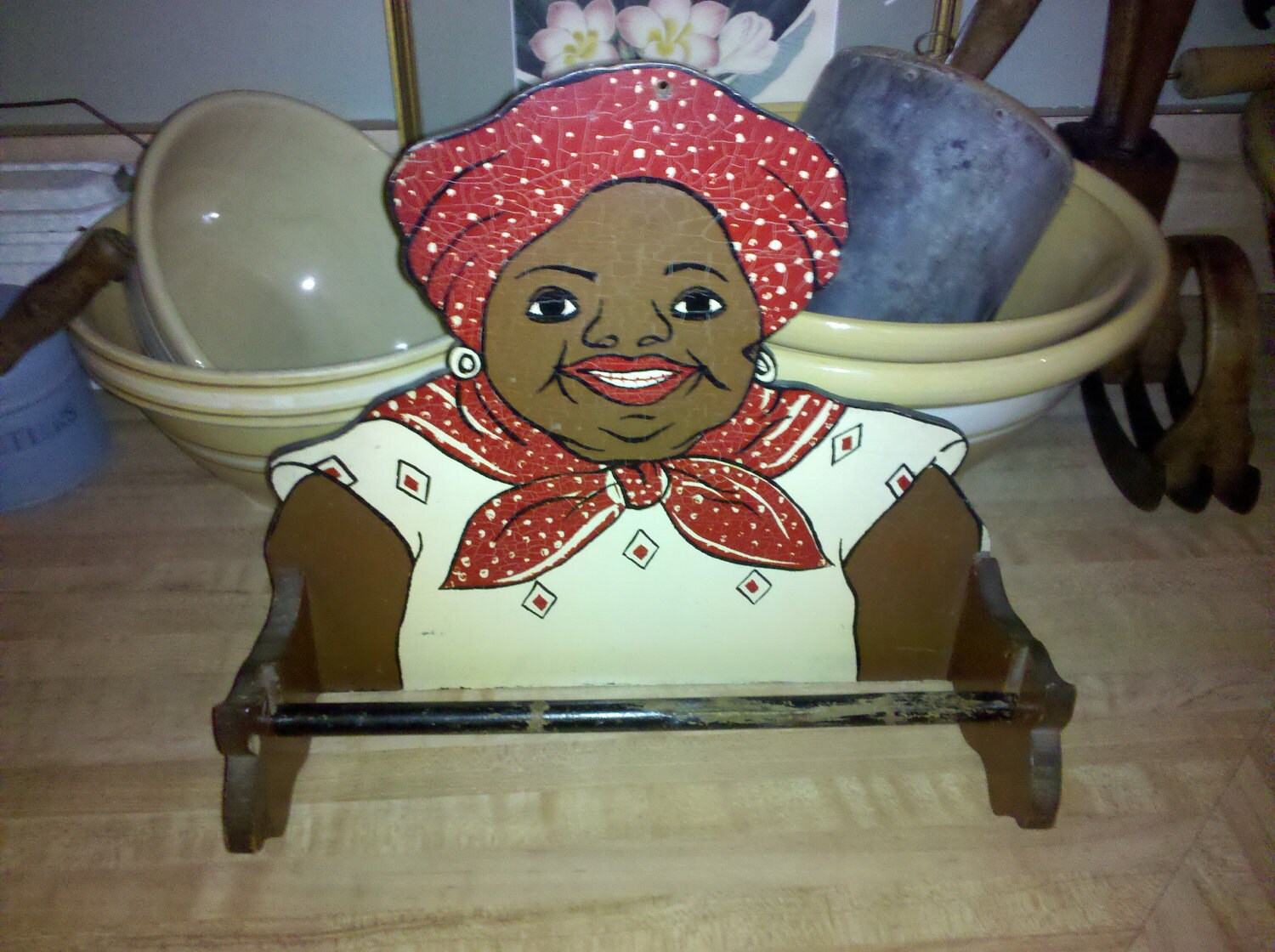 Antique 1940s Mammy wooden painted paper towel holder