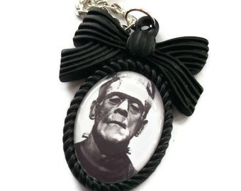 Frankenstein Necklace, Black Cameo, Horror, Silver Chain