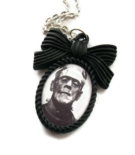 Frankenstein Necklace Black Cameo Horror Silver Chain