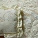 80s Vintage Hand Embroidered Cream Lace Blue Ribbon Pink Hearts Rocking Horse Pony Baby Crib Quilt Blanket w/ Matching Pillow