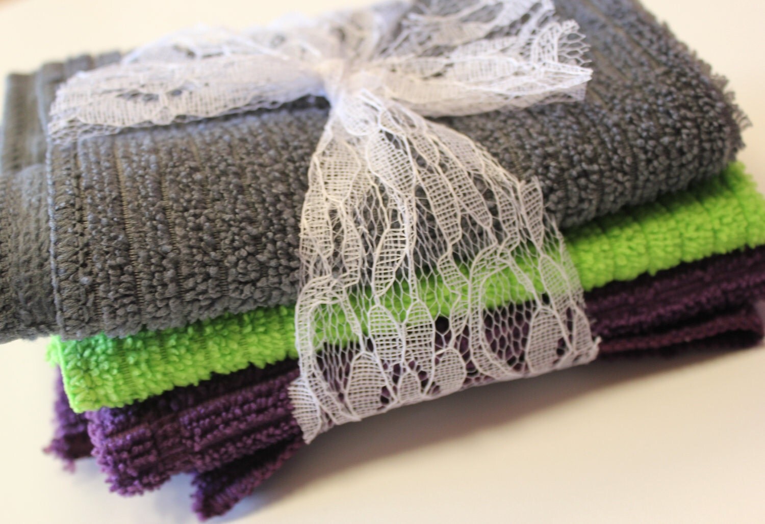 Kitchen Wash Cloths Plum Purple lime green and gray