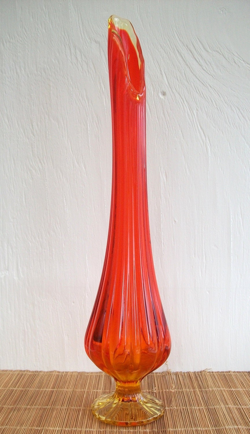 Vintage Stretch Swung Glass Amberina Orange Tall Vase