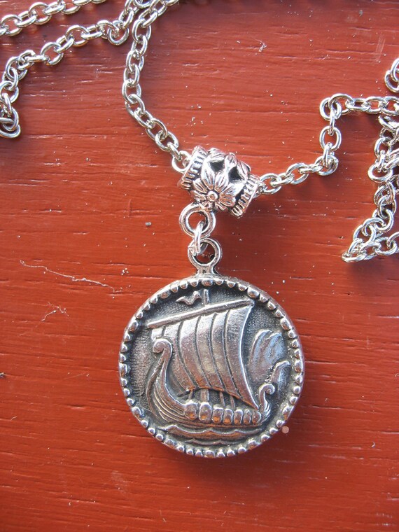 Viking Ship Pewter Button Necklace from Norway by sewingtammi