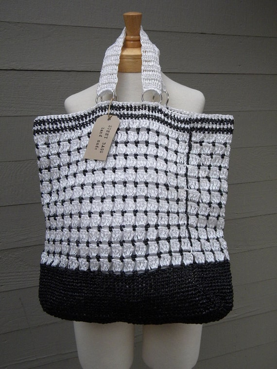 Items similar to Handmade reusable grocery bag, hand crocheted bag, raffia bag, large tote ...