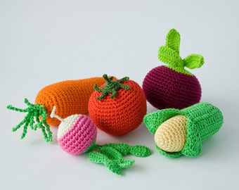 Crochet Baby Rattles Veggies, Set of 5 - beet, corn, radish, tomato, carrot - eco-friendly crochet play food, FrejaToys