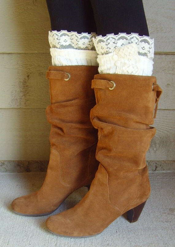 Leg Warmer Boot Socks w/ Ruffled Lace & Iridescent Buttons on