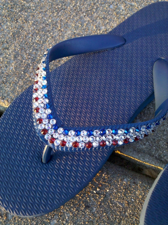 Items Similar To Swarovski Flip Flops Rhinestones Red Crystal Blue Embellished Navy 6210