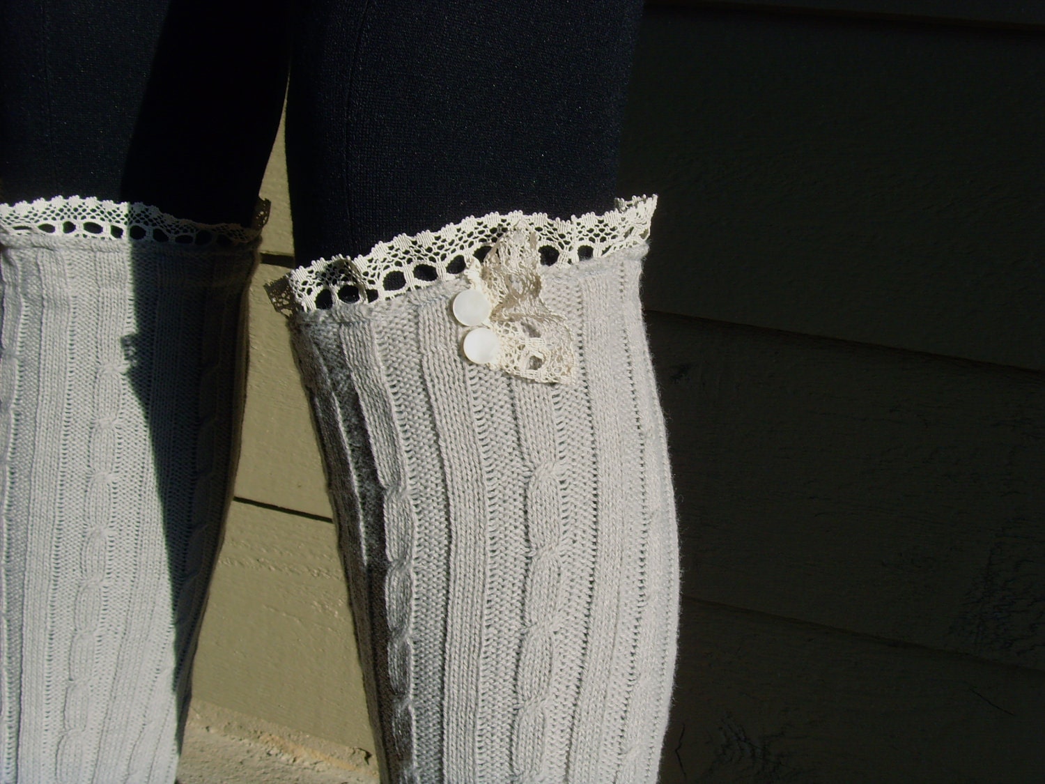 Leg Warmer Boot Socks w/ Ruffled Lace & Iridescent Buttons on