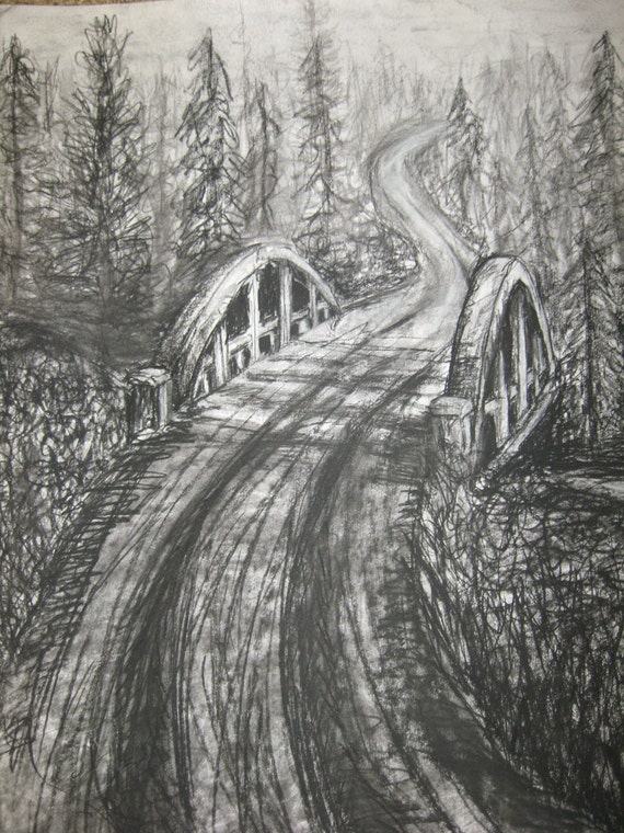 Items similar to Forest Bridge - Original Charcoal Drawing 