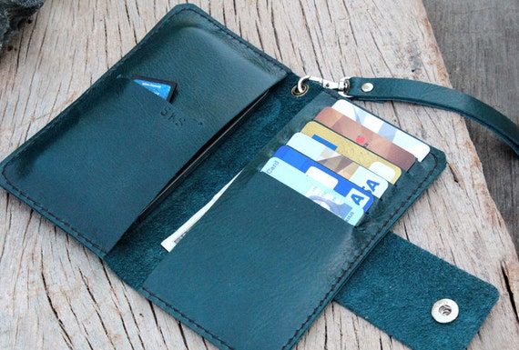 Full option teal leather iphone wallet with by SakatanLeather
