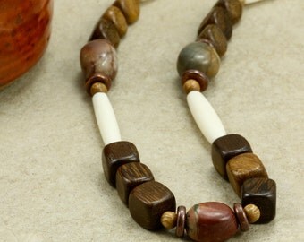 Wood, Hairpipe, and Jasper Necklace, Southwestern Necklace, Red Creek Jasper, Wood Bead Necklace, Brown Necklace