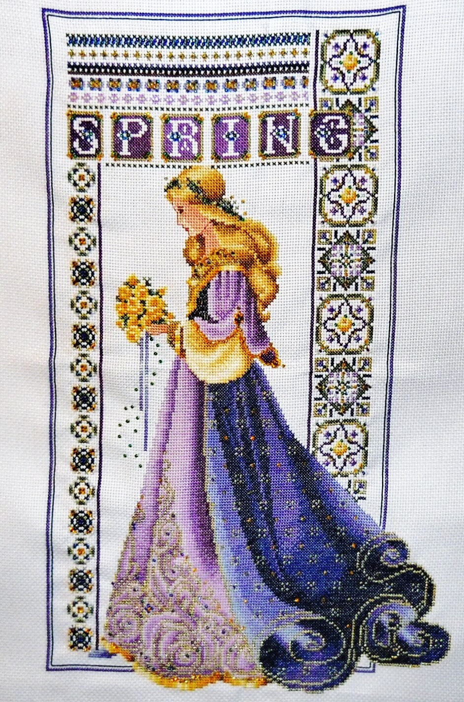 CELTIC SPRING Lavender & Lace Completed Cross Stitch Beaded