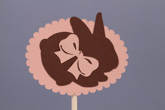 Chocolate Bunny with Pink Bow Cupcake Toppers Il_570xn