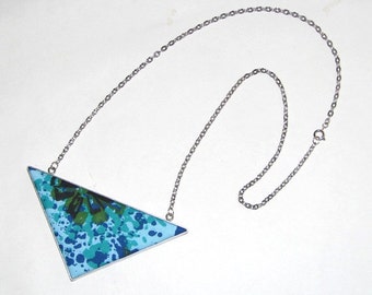 Geometric Arrow Blue & Green Floral Splatter Upcycled Vintage Fabric Necklace