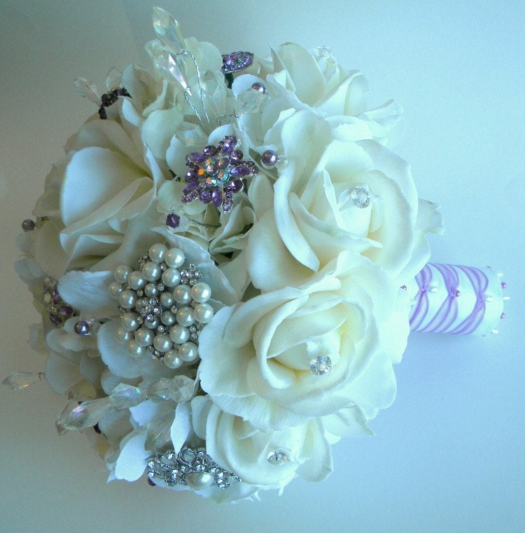 Real Touch Rose Bridal Bouquet in Soft White with Lavender