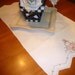 Vintage white linen dresser scarf or table runner with hand crochet edging and embroidery for housewares and home decor by MarlenesAttic