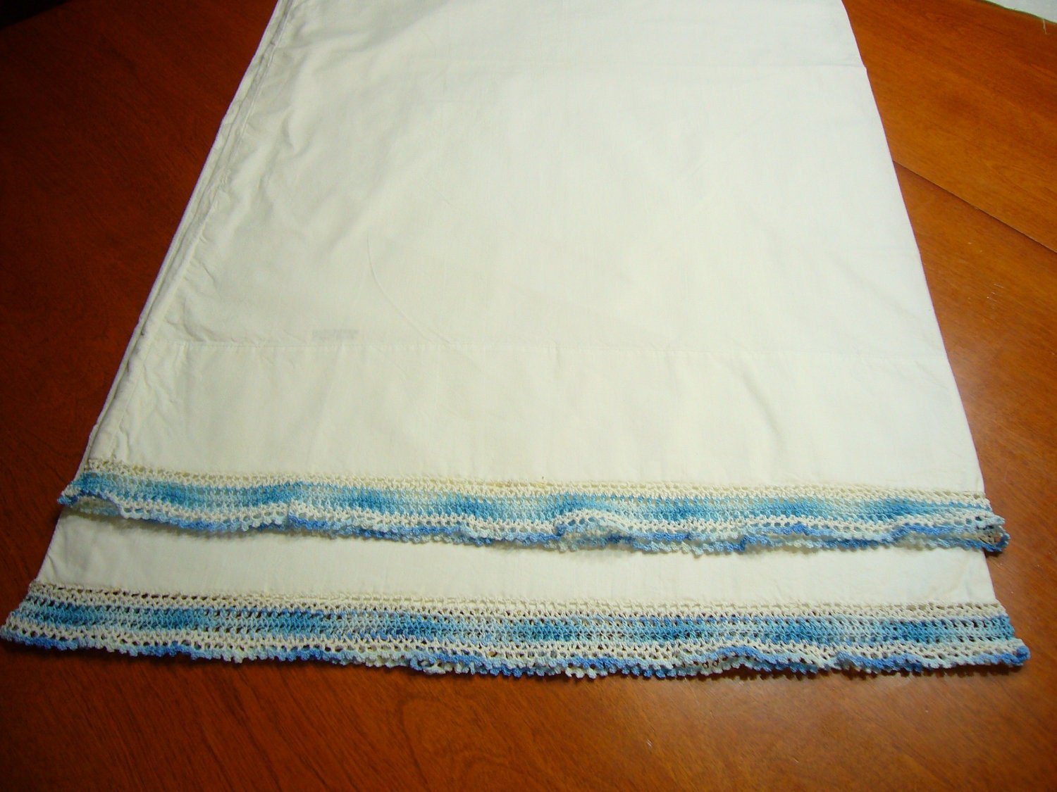 Vintage set of White Pillowcase with Blue Crochet lace Edging