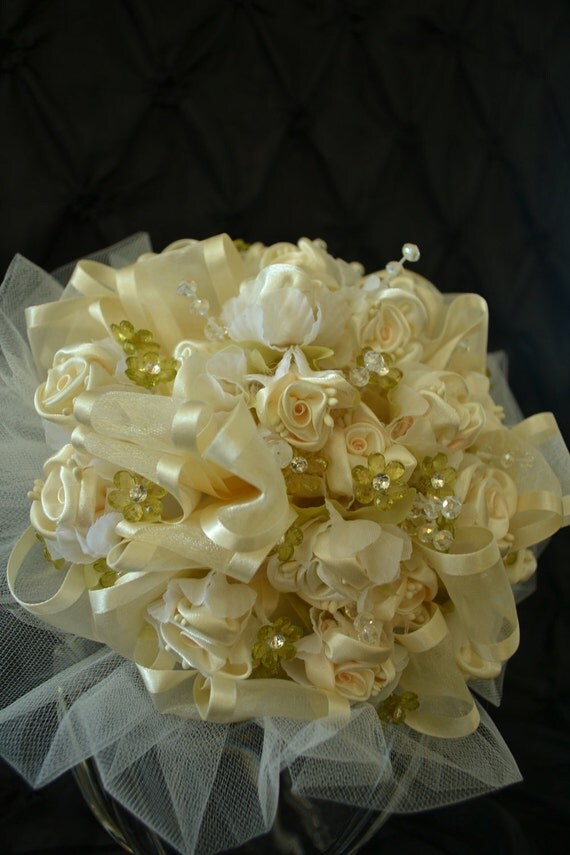 Bridal Bouquet Cream Fabric Satin Handmade Roses with Crytals