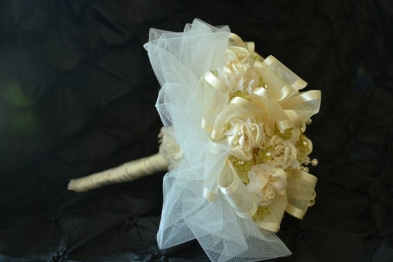 Bridal Bouquet Cream Fabric Satin Handmade Roses with Crytals