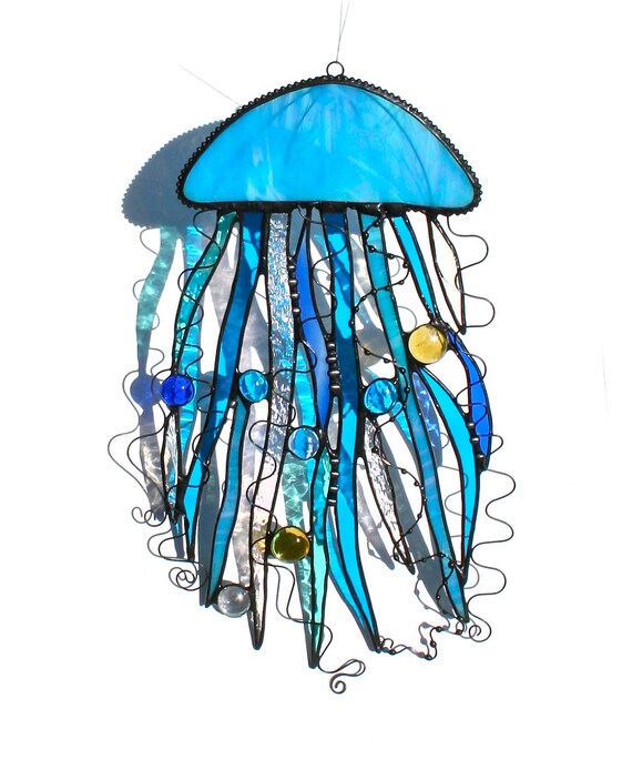 Stained Glass JELLYFISH Suncatcher Turquoise Cobalt Blue