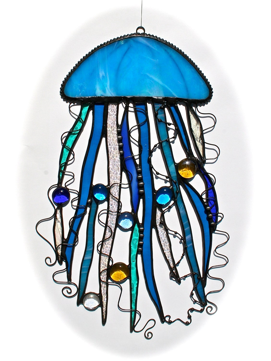 Stained Glass JELLYFISH Suncatcher Turquoise Cobalt Blue