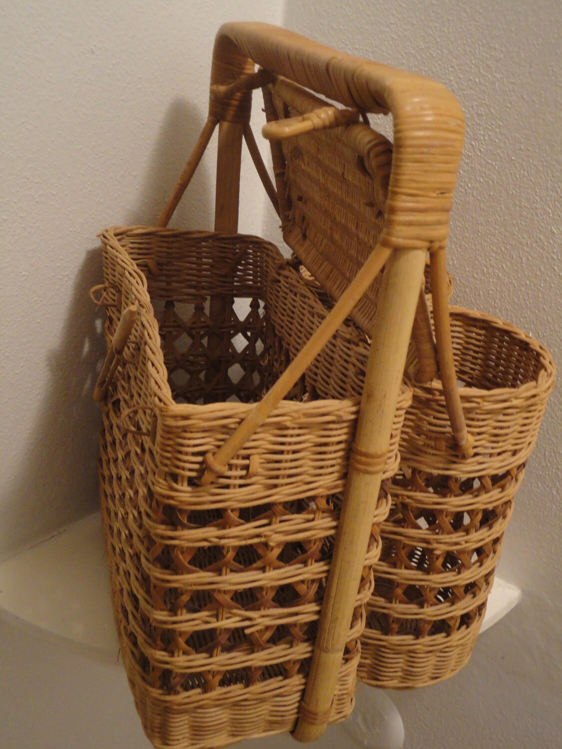 Vintage Wicker Picnic Basket With Two Wine Bottle Holders