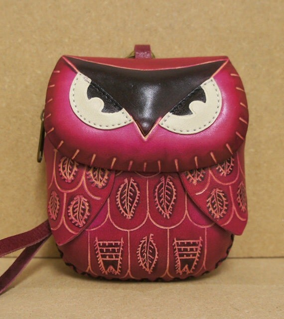 Handmade Leather Pink Owl Coin Purse Wristlet by MissMossGifts
