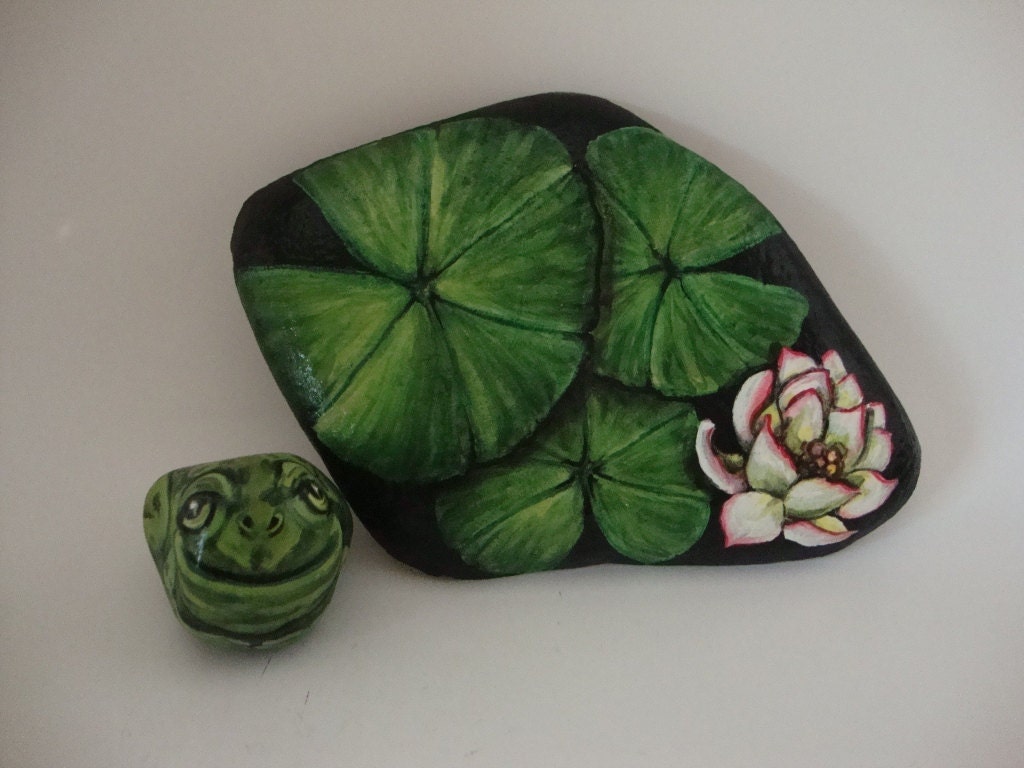 Frog on Lily Pads Hand Painted Rock Art