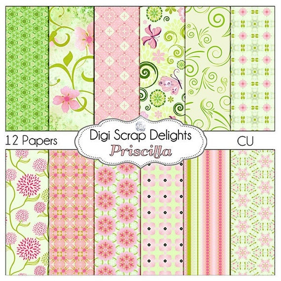 Pink and Green Digital Scrapbook Paper Priscilla for