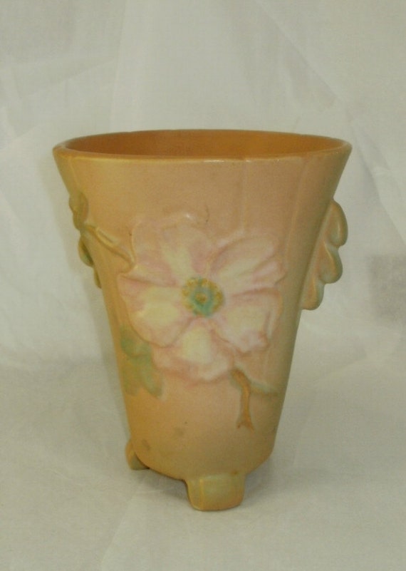 Weller Pottery Wild Rose Pattern Large Footed Vase Excellent