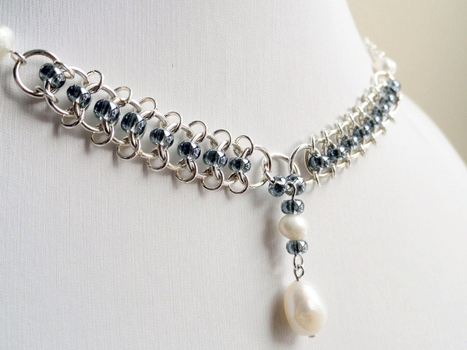 Chainmaille necklace pearl necklace medieval by handmadeintoronto