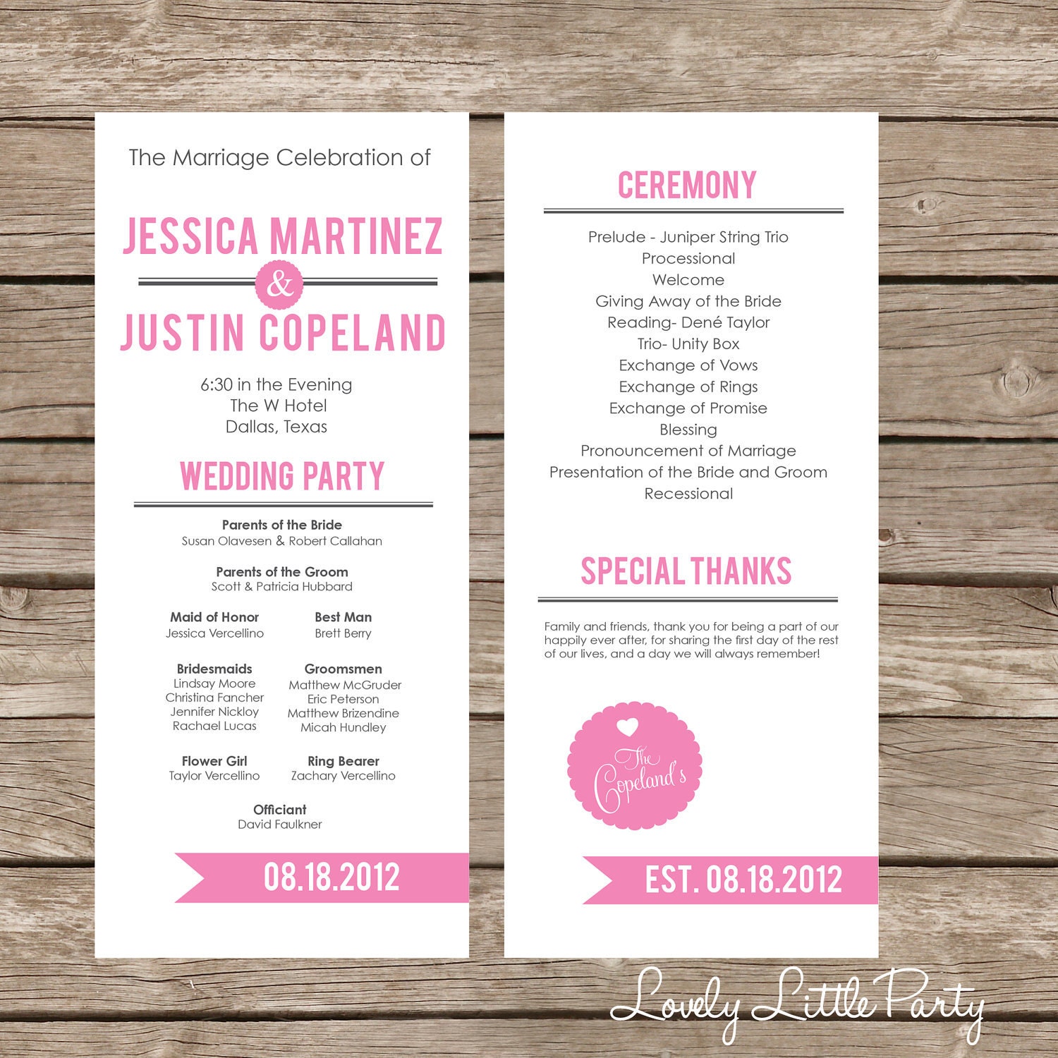 Easy One Page Wedding Programs