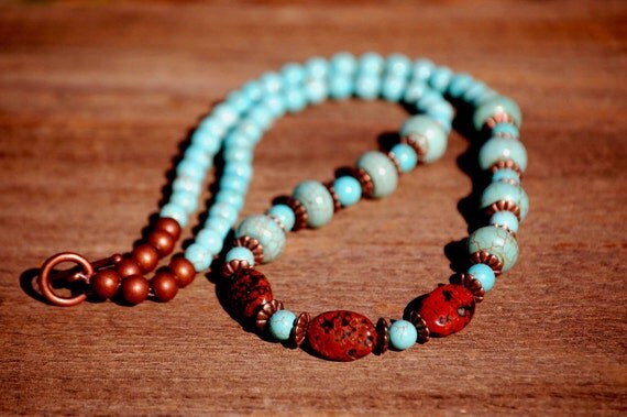 Items similar to SALE: Turquoise Necklace, Red Jasper and Turquoise ...