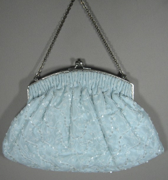 Vintage Magid Beaded Powder Blue Evening Bag - Chain Handle - Satin ...