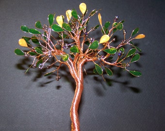 Wire Fantasy Olive Tree Of Life Sculpture on Fabric Cloth Green Yellow Beads Original Art Made To Order