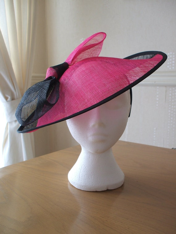 Large Black and Hot Pink Saucer Sinamay Fascinator Formal Hat