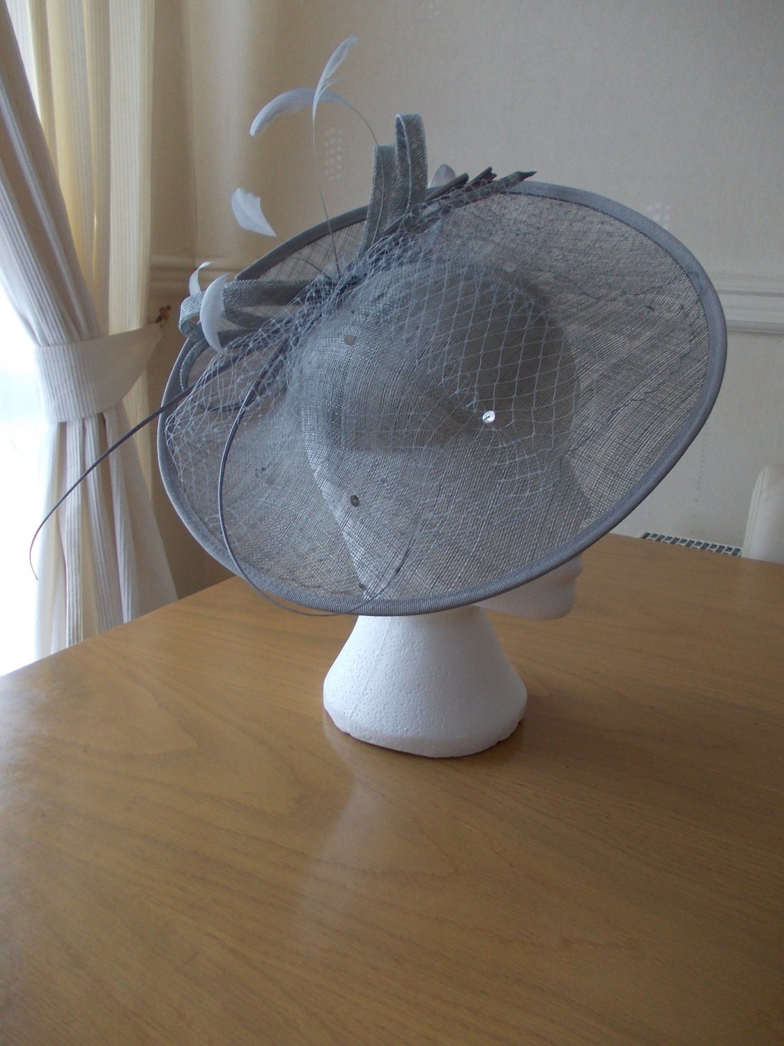 Large Silver Grey Gray Saucer Sinamay Fascinator Formal Hat