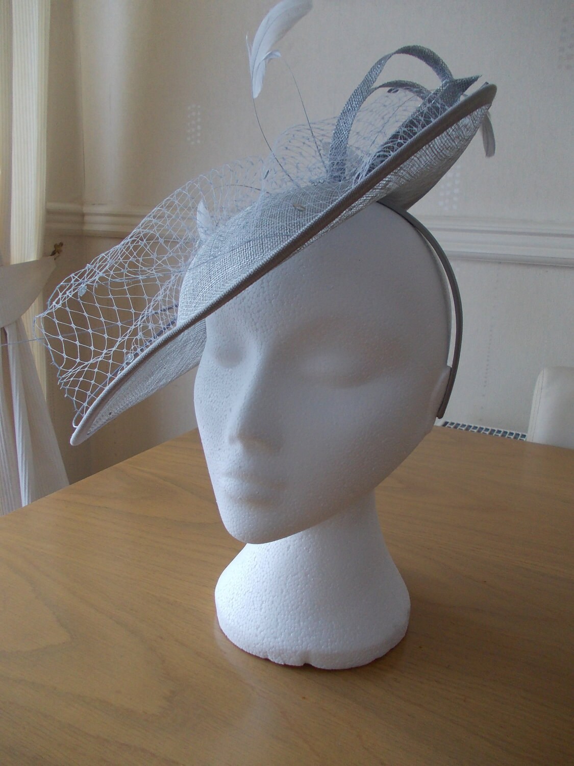 Large Silver Grey Gray Saucer Sinamay Fascinator Formal Hat