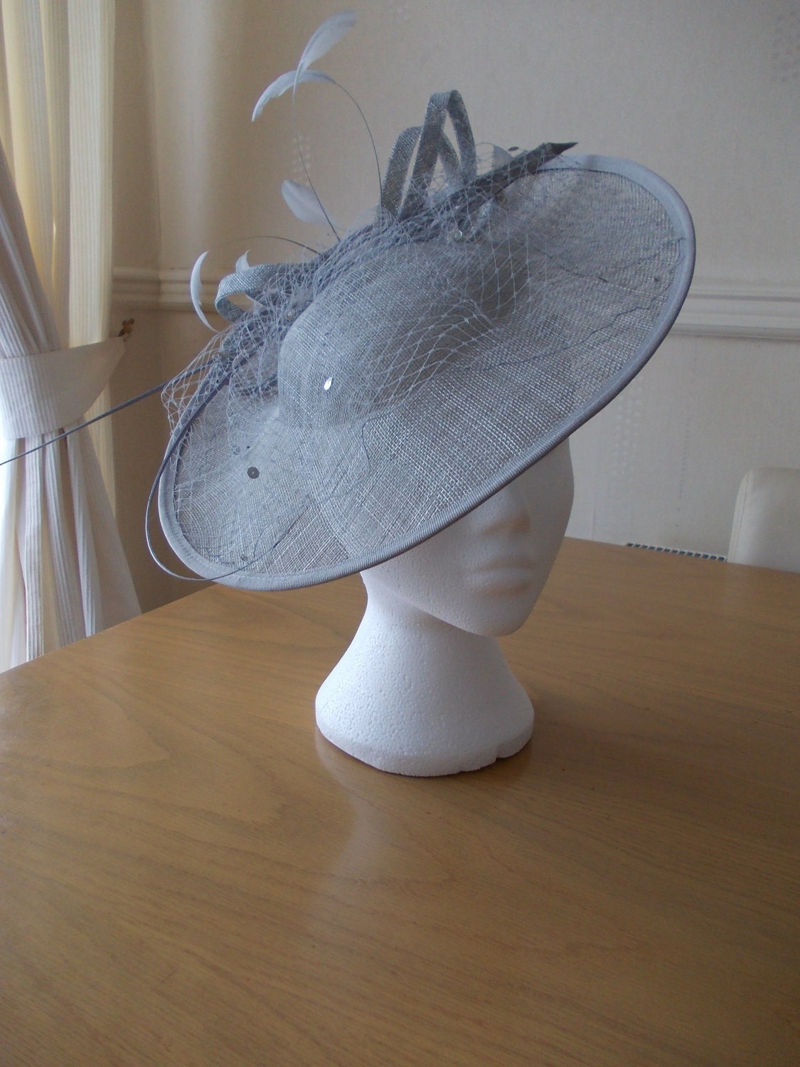 Large Silver Grey Gray Saucer Sinamay Fascinator Formal Hat