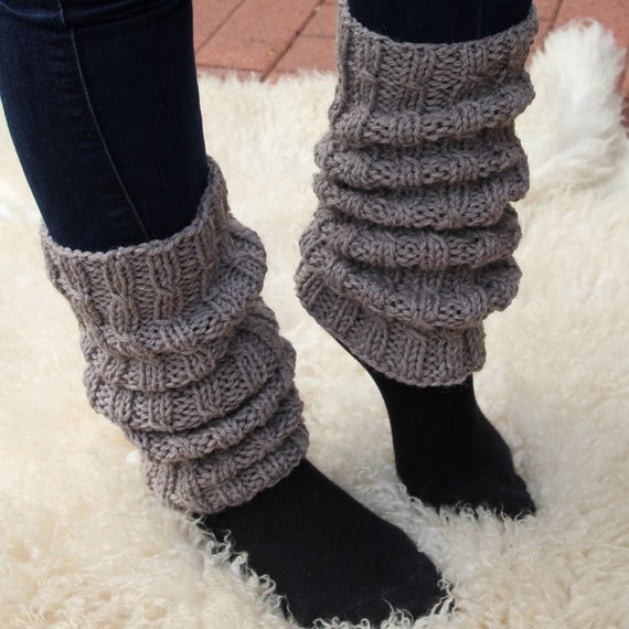 Light brown wool leg warmers for women knitted also white