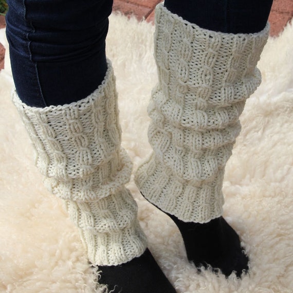 White wool leg warmers for women knitted by HandcraftedFinland